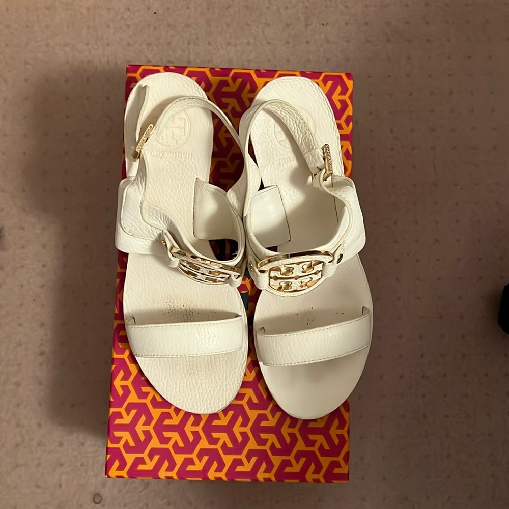 Tory Burch white leather wedge sandals